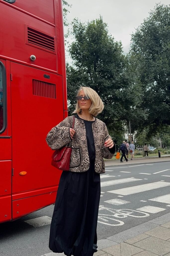 Leopard Print Jacket + Black Maxi Dress + Red Quilted Shoulder Bag + Sunglasses