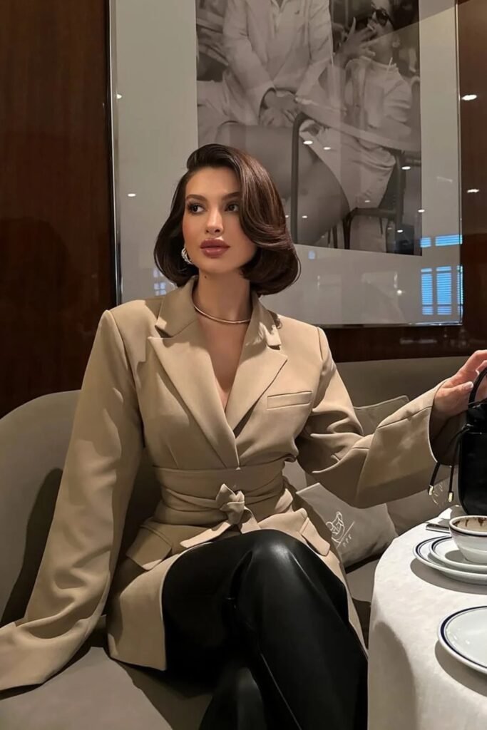 Beige Belted Blazer + Black Leather Pants + Black Structured Handbag + Gold Jewelry