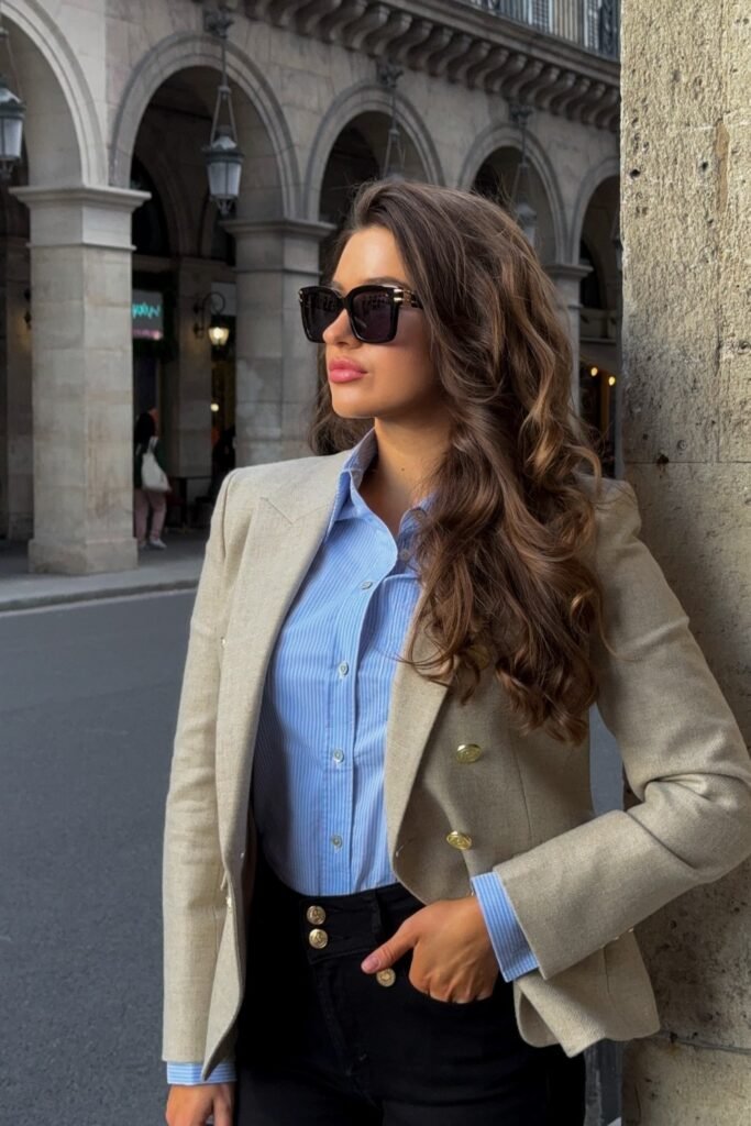 Beige Blazer + Blue Shirt + Black Pants