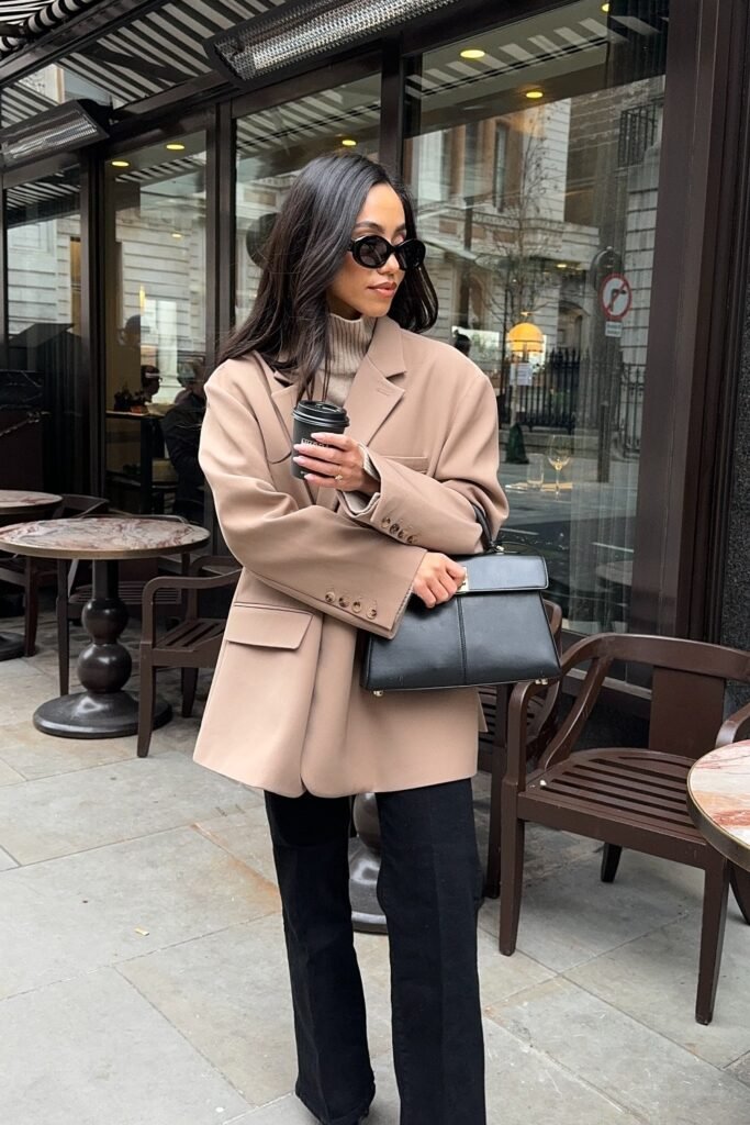 Beige Blazer + Cream Turtleneck + Black Pants + Black Bag