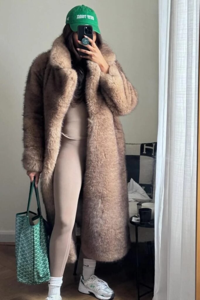 Beige Bodysuit + Long Brown Faux Fur Coat + Beige Leggings + White Sneakers + Green Cap + Green Tote Bag