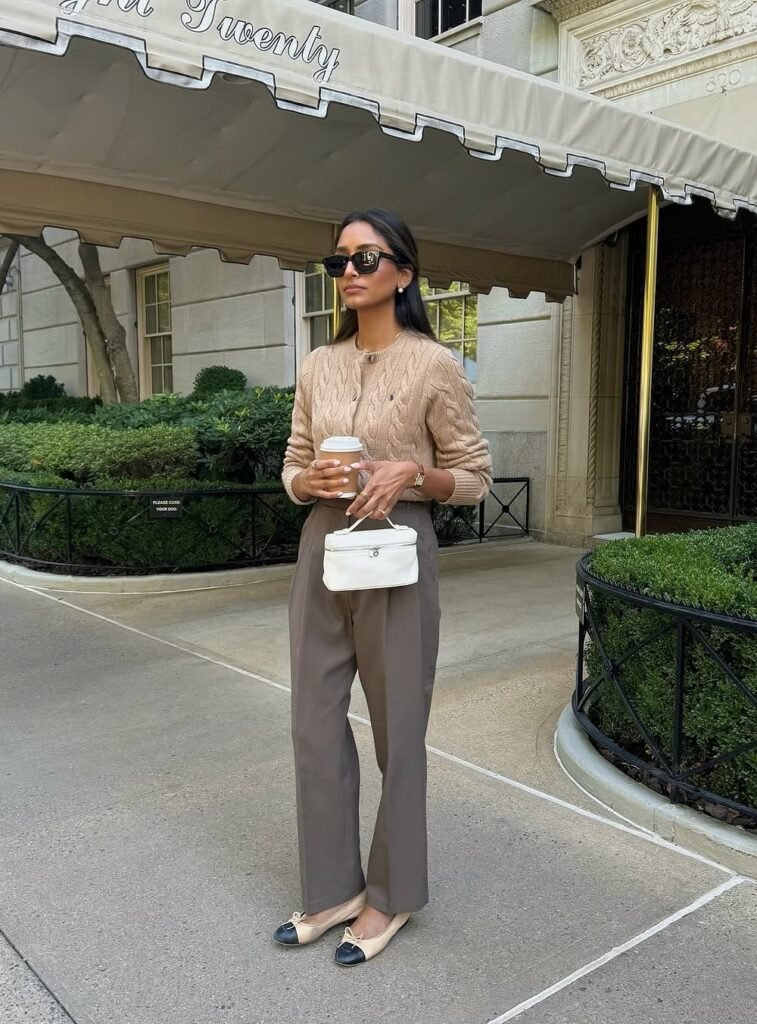 Beige Cable Knit Cardigan + Taupe High-Waist Trousers + Two-Tone Ballet Flats + White Crossbody Bag