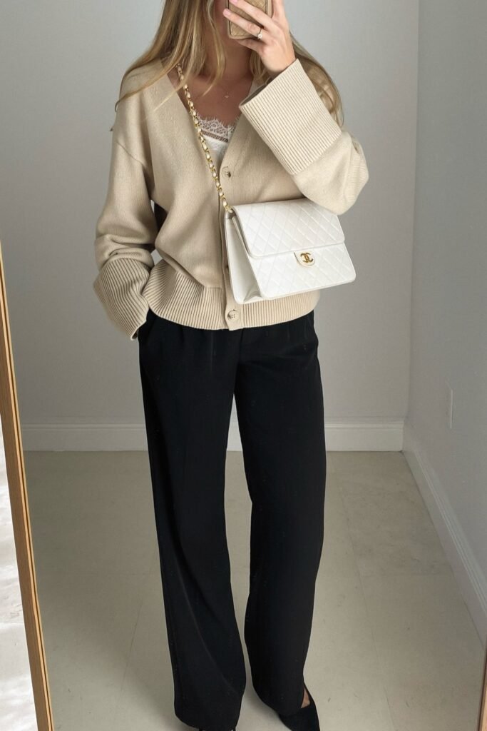 Beige Cardigan + White Lace Cami + Black Wide-Leg Trousers + White Quilted Bag