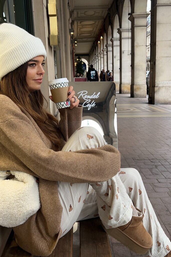 Beige Cardigan + White Print Pajama Pants (Croissant Print) + Brown Ugg Slippers + White Beanie + White Shearling Bag