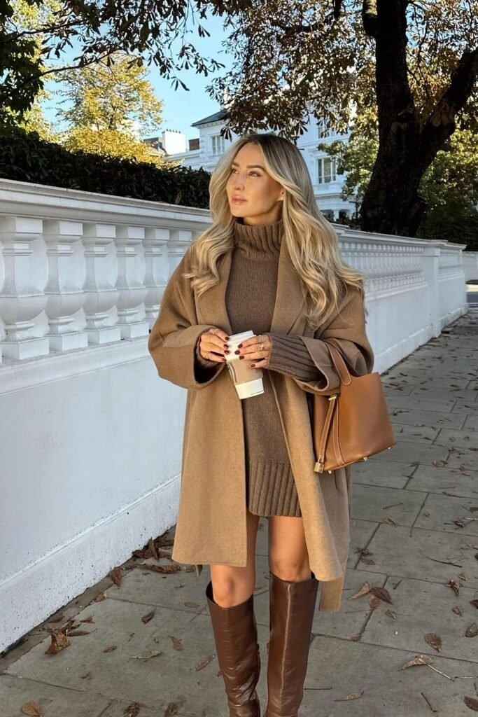 Beige Coat + Beige Skirt + Brown Croc Handbag + Black Sunglasses