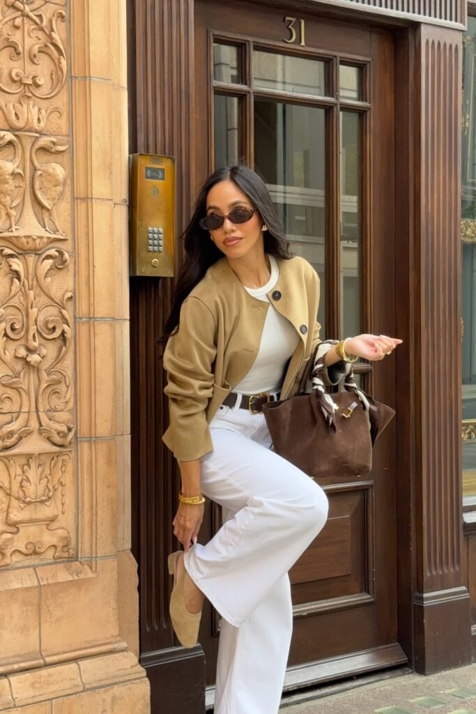 Beige Coat + White Top + White Flared Pants + Beige Shoes + Brown Handbag