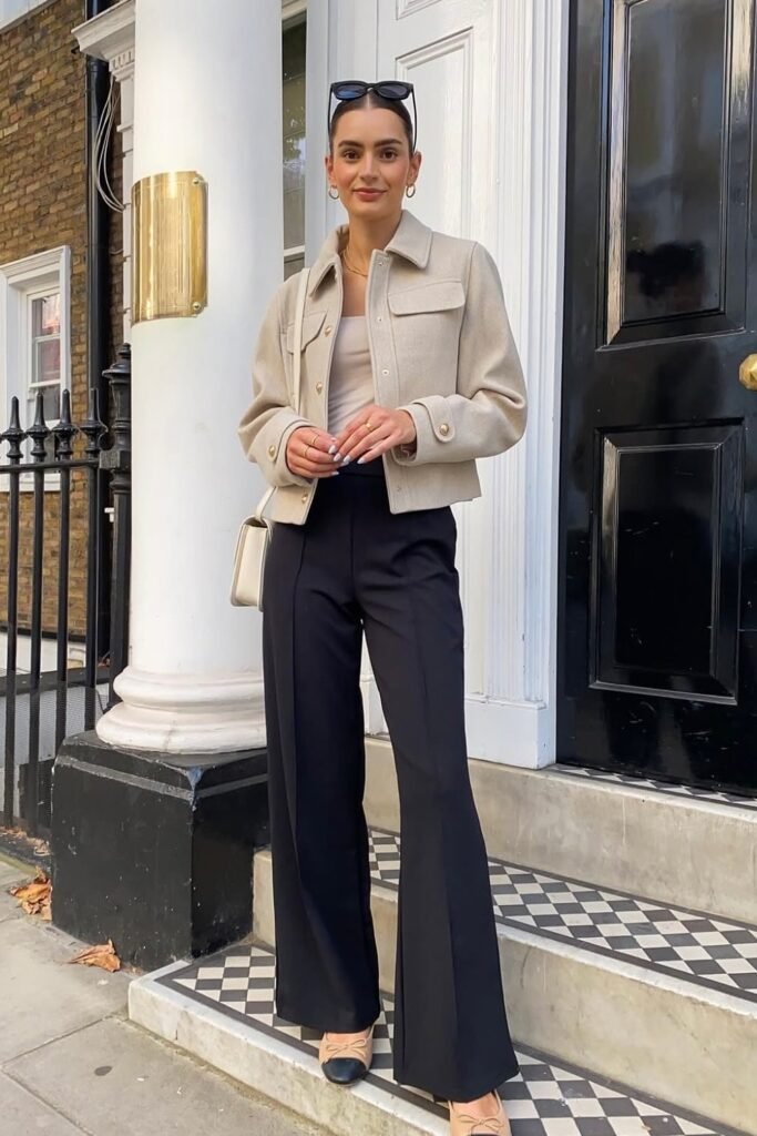 Beige Cropped Jacket + Nude Tank Top + Black Flared Trousers + Beige Cap-Toe Flats + White Structured Bag