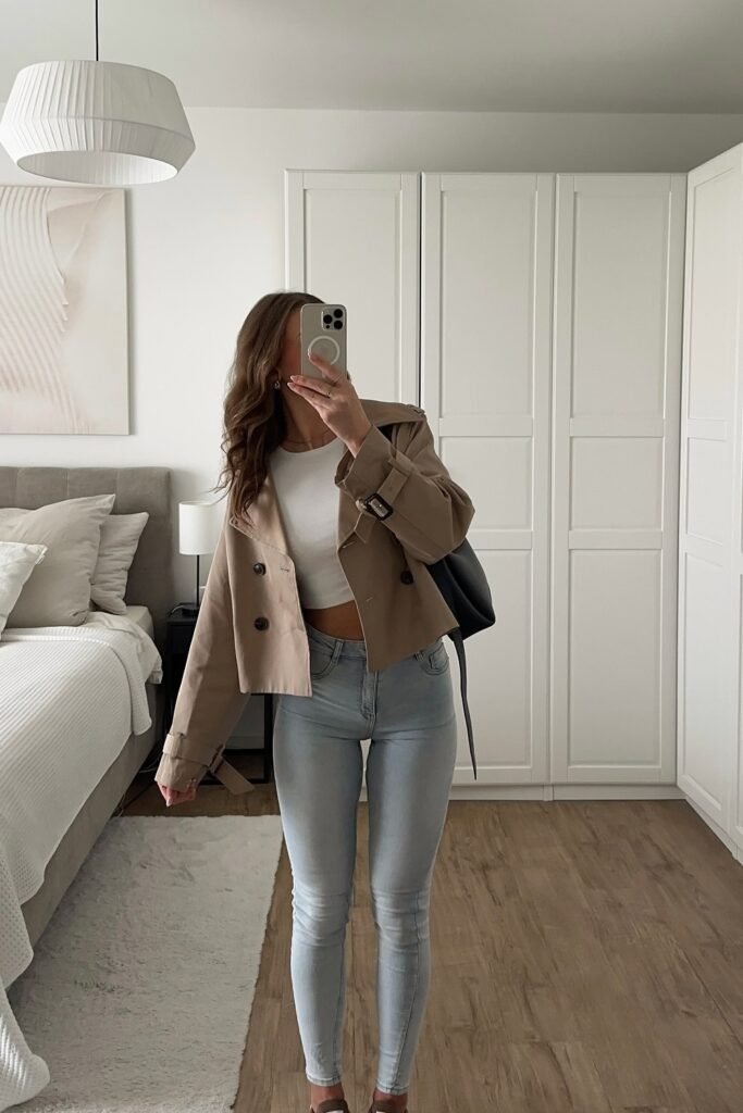 Beige Cropped Jacket + White T-Shirt + Light Blue Jeans + Black Bag