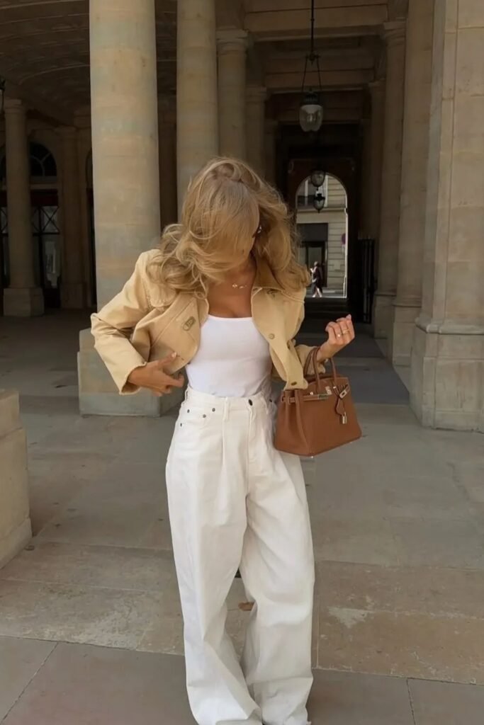 Beige Cropped Jacket + White Tank Top + Wide-Leg White Trousers + Brown Structured Bag