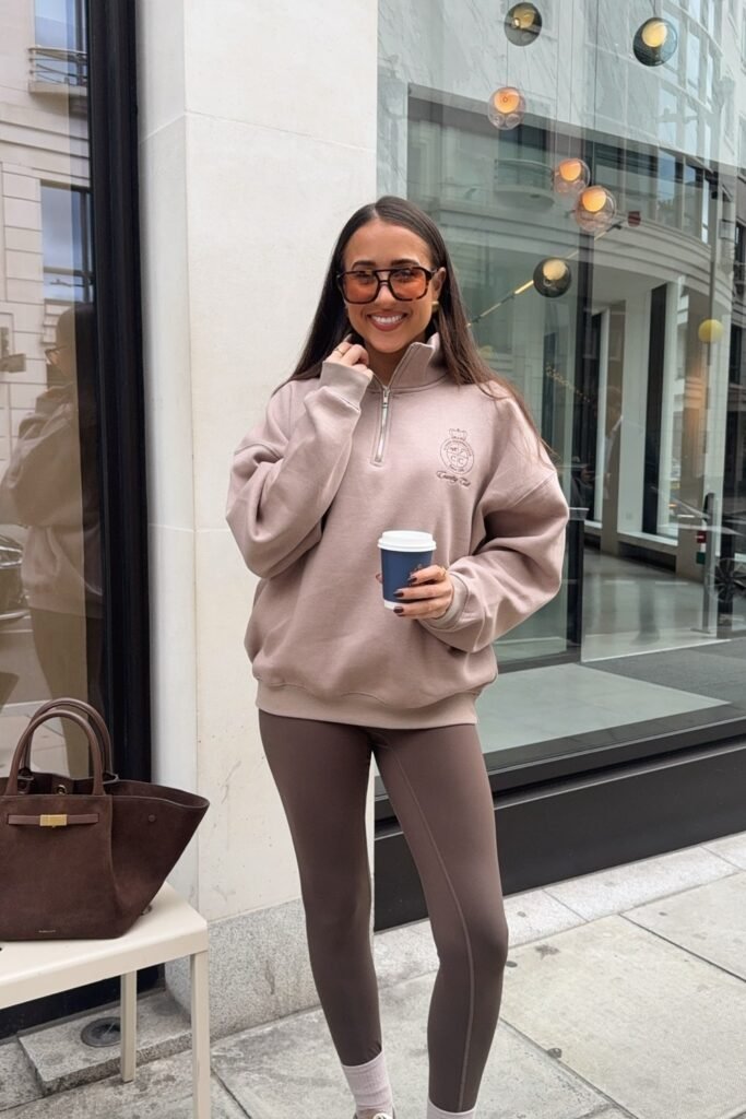 Beige Half-Zip Hoodie + Brown Leggings + White Sneakers