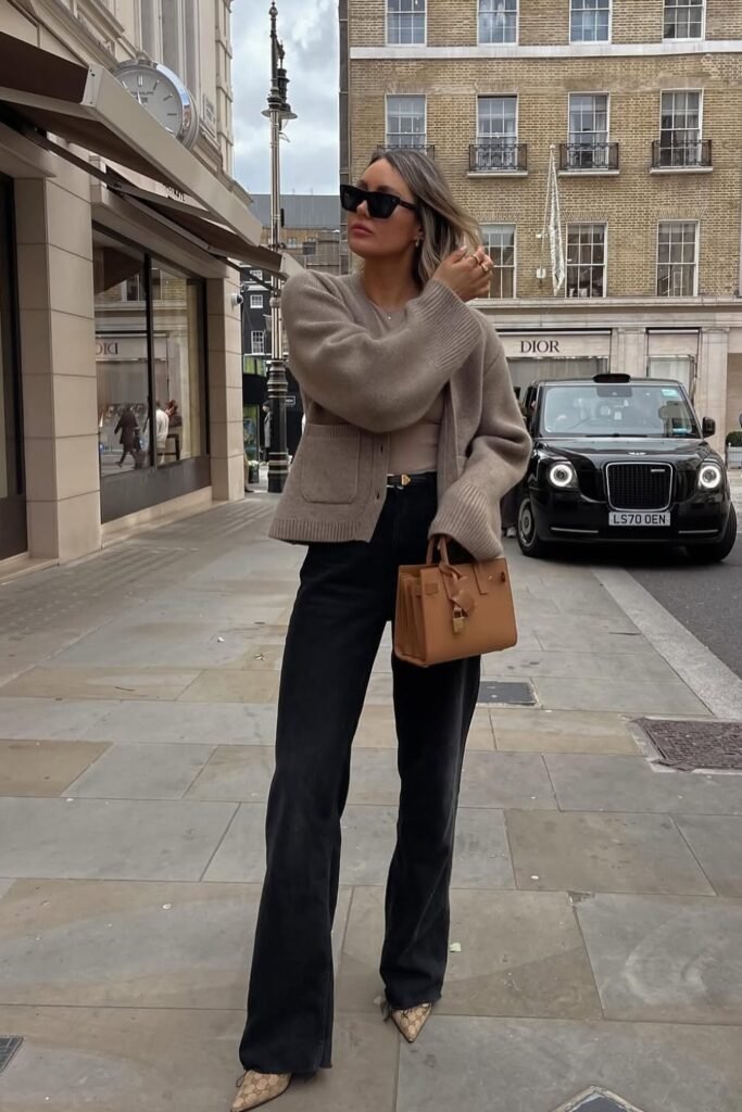Beige Knit Cardigan + Taupe Top + Black Wide-Leg Jeans + Brown Structured Bag + Snake-Print Heels
