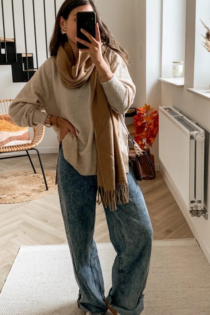Beige Knit Sweater + Camel Scarf + Wide-Leg Blue Jeans + Sneakers + Brown Bag