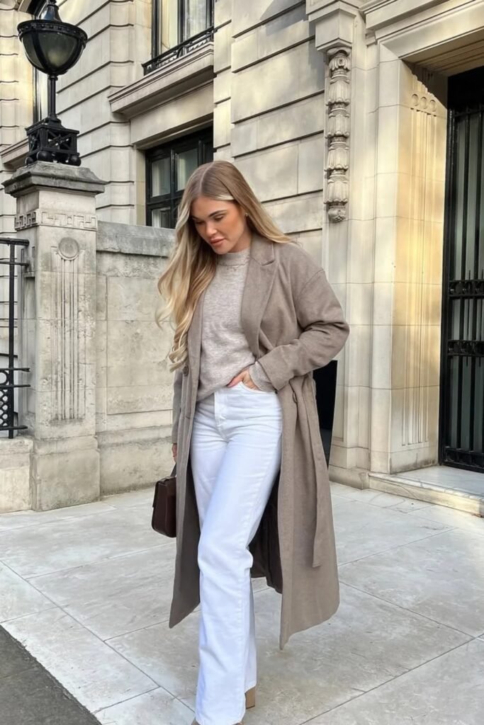 Beige Knit Sweater + Light Grey Long Coat + White Straight-Leg Jeans + Brown Tote