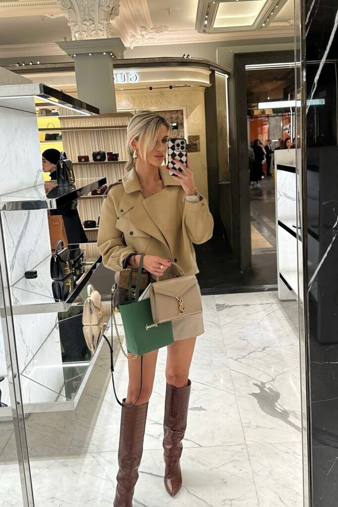Beige Leather Jacket + Green & Beige Handbag + Brown Boots