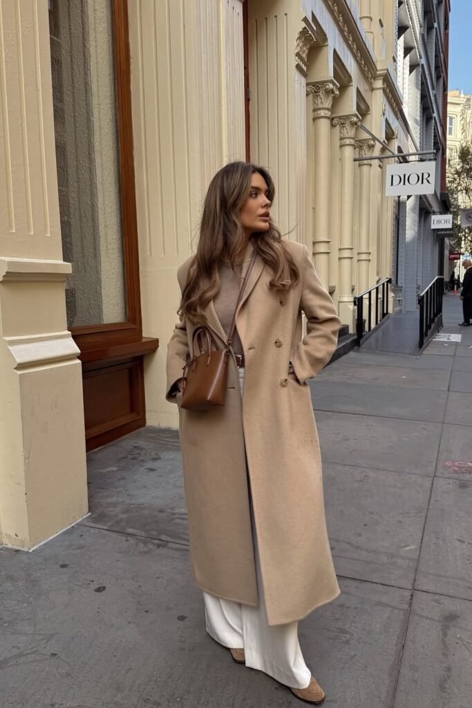 Beige Long Coat + Taupe Sweater + White Wide Pants + Brown Mini Bag