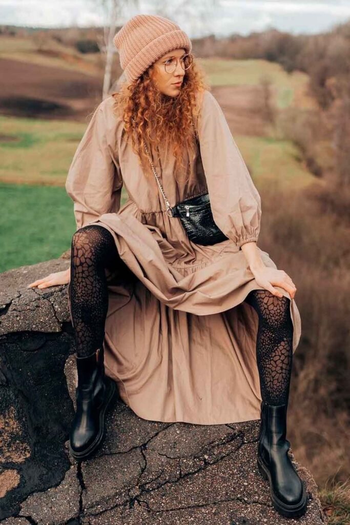 Beige Long Puff-Sleeve Dress + Black Patterned Tights + Black Chelsea Boots + Beige Knit Beanie + Crossbody Bag