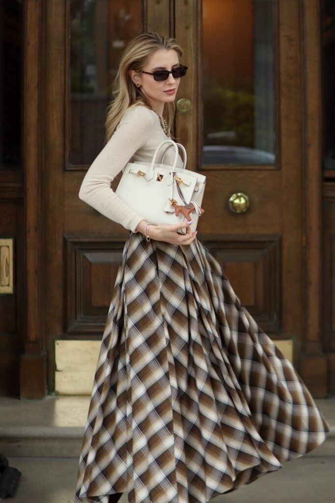 Beige Long-Sleeve Top + Brown Plaid Maxi Skirt + White Handbag