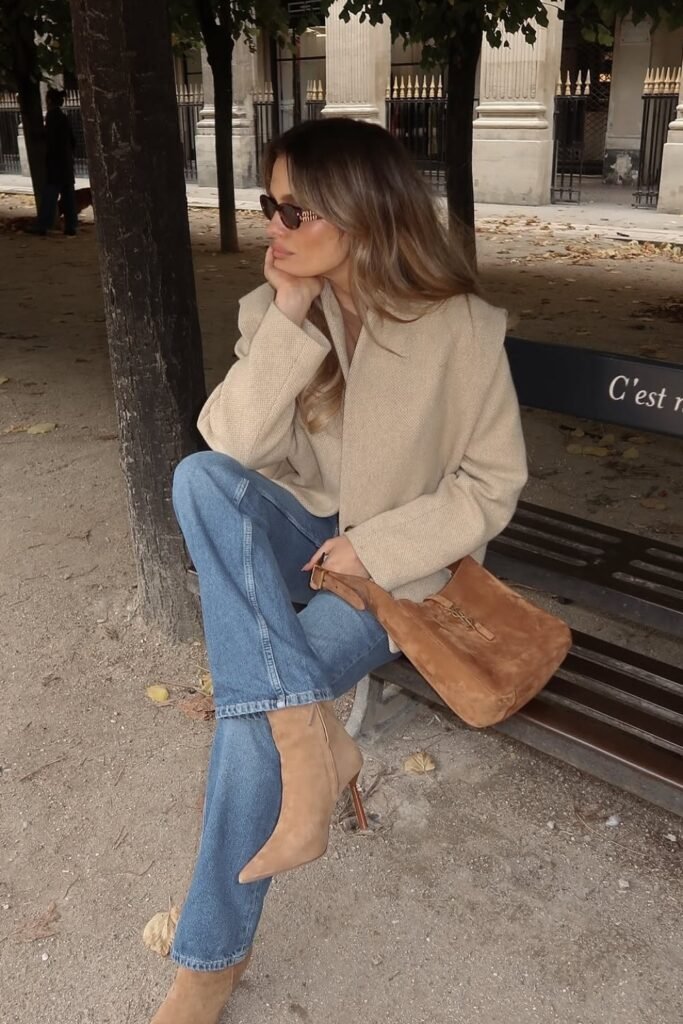 Beige Oversized Blazer + Straight-Leg Blue Jeans + Tan Suede Boots + Brown Suede Bag