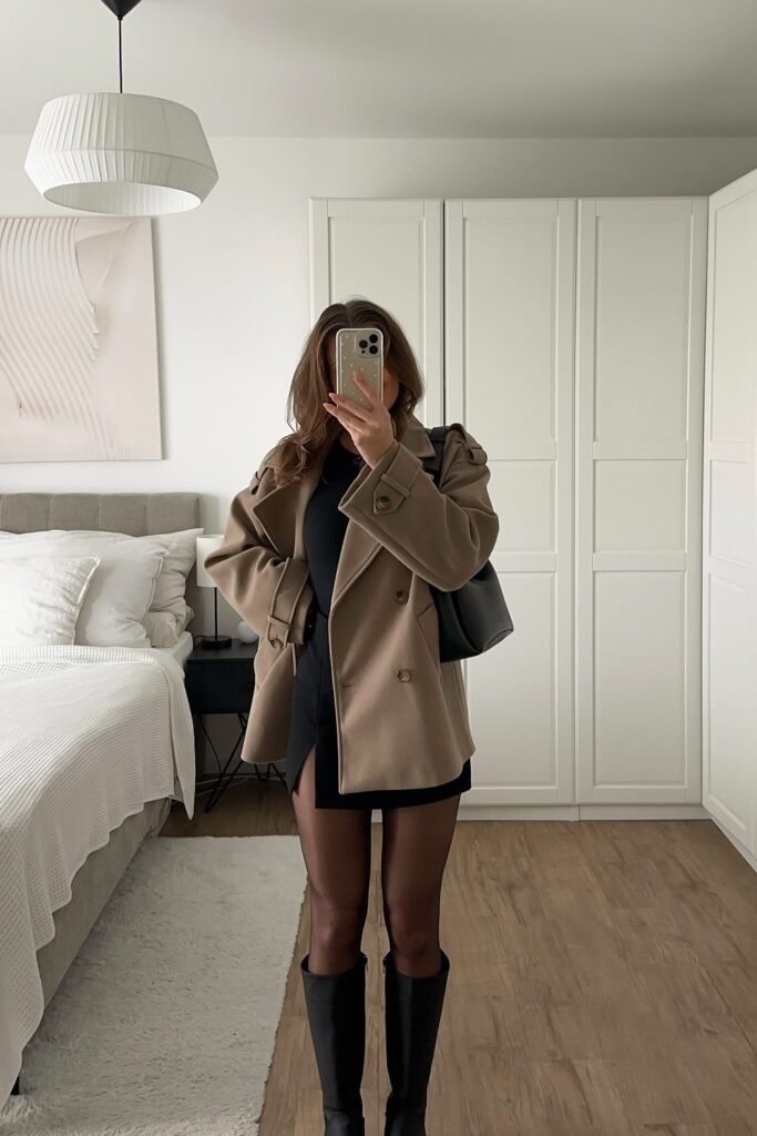 Beige Oversized Coat + Black Dress + Black Knee Boots