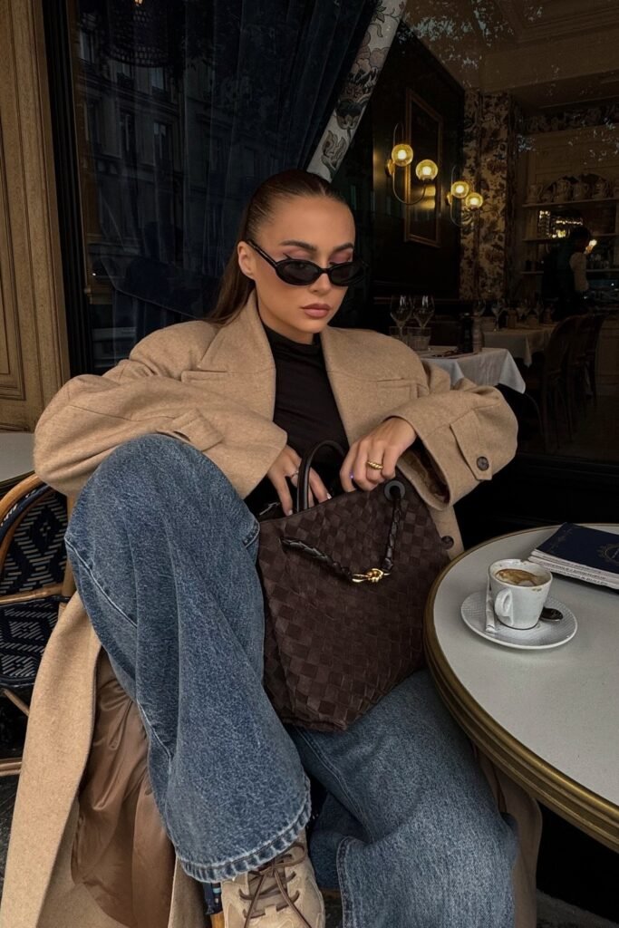 Beige Oversized Coat + Black Turtleneck + Relaxed Blue Jeans + Brown Woven Tote Bag + Beige Sneakers