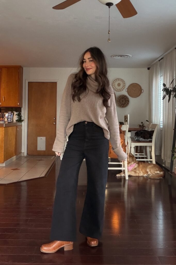 Beige Oversized Cowl-Neck Sweater + Black Wide-Leg Jeans + Cognac Leather Boots