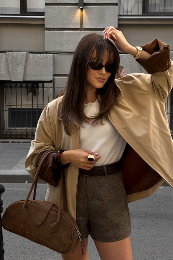 Beige Oversized Jacket + White Sweater + Brown Tweed Shorts + Brown Belt + Brown Handbag + Sunglasses