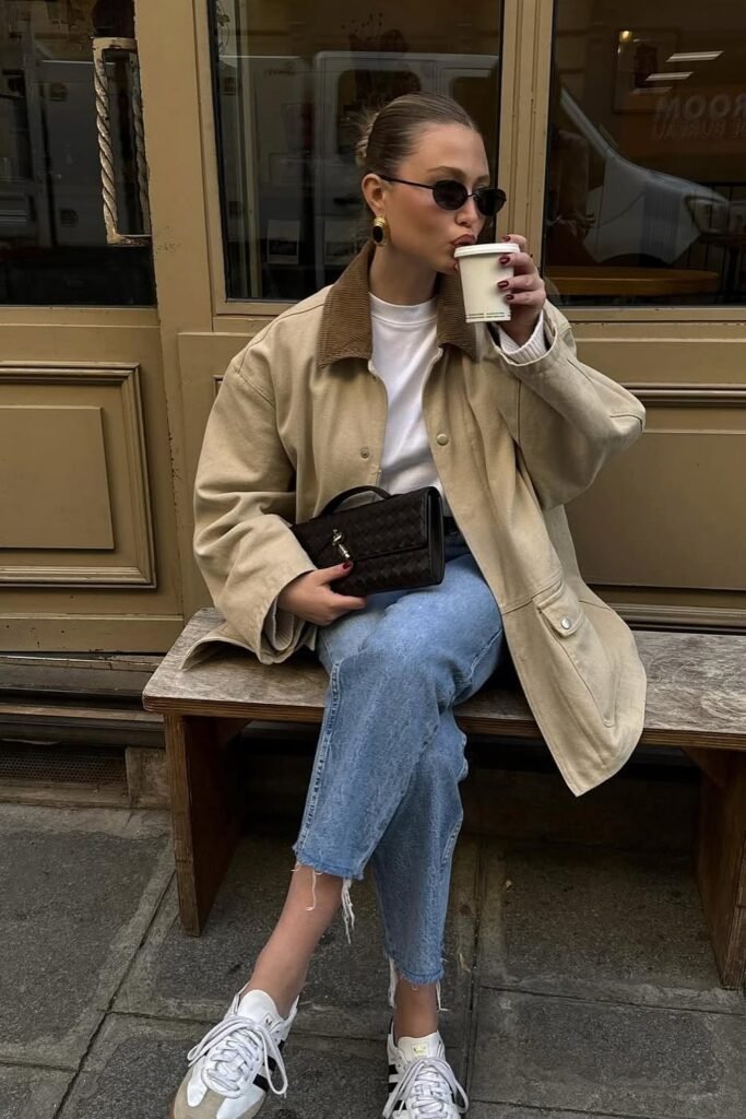 Beige Oversized Jacket + White T-Shirt + Light Blue Jeans + White Sneakers