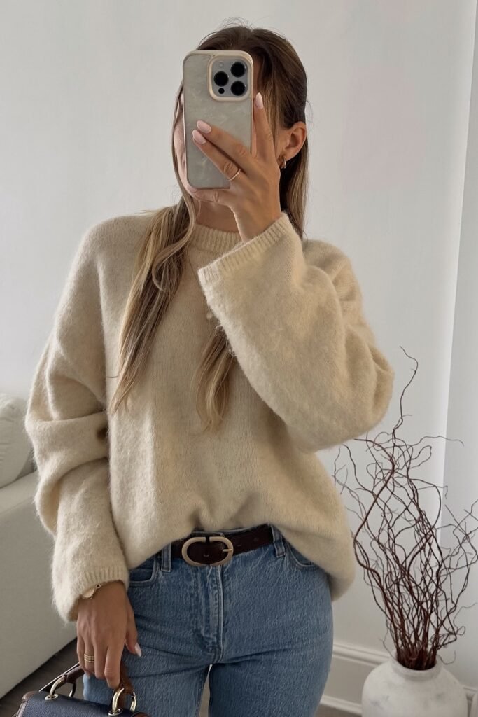 Beige Oversized Sweater + Light Blue Jeans + Brown Belt + Brown Mini Handbag