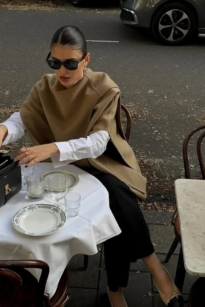 Beige Poncho + White Shirt + Black Pants + Black Sunglasses