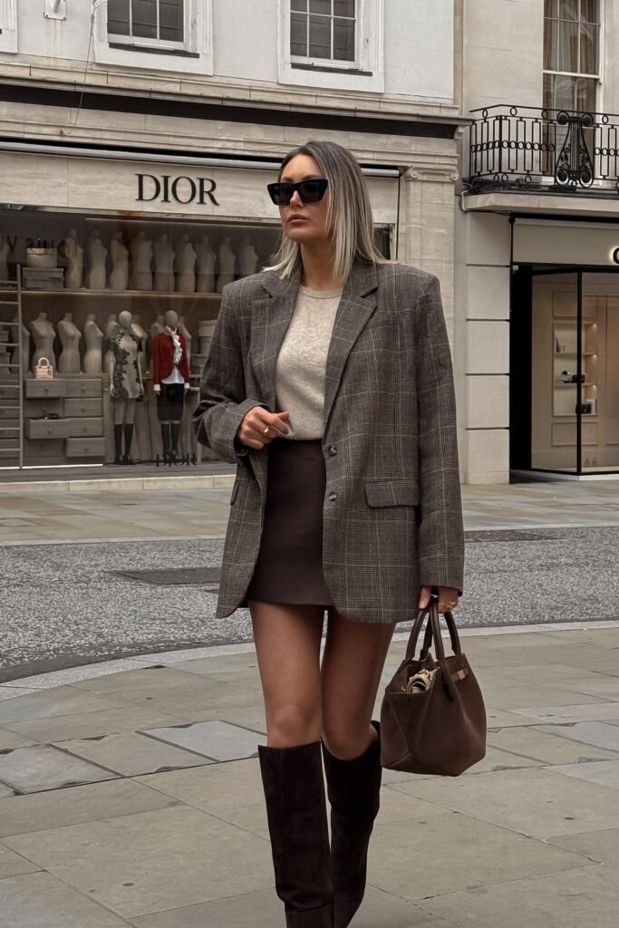 Beige Sweater + Brown Mini Skirt + Plaid Oversized Blazer + Knee-High Boots + Brown Handbag