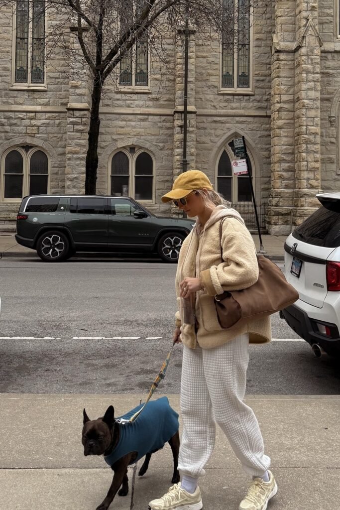 Beige Teddy Jacket + White Waffle Joggers + Cream Sneakers + Yellow Cap + Oversized Brown Tote
