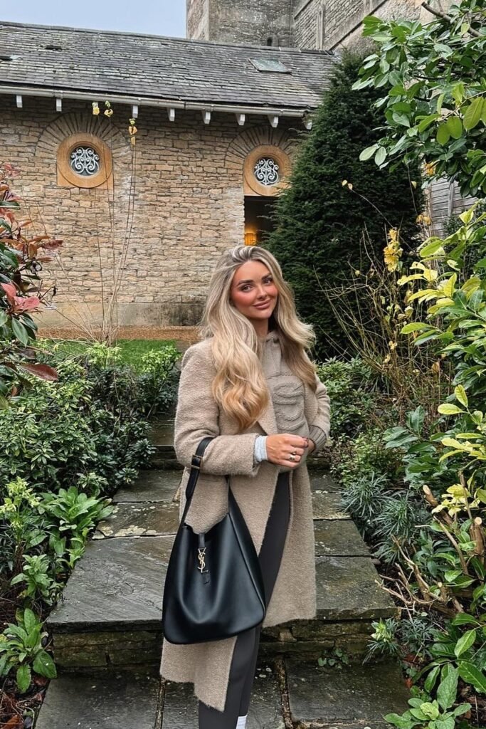 Beige Textured Coat + Taupe Sweater + Dark Trousers + Black YSL Shoulder Bag