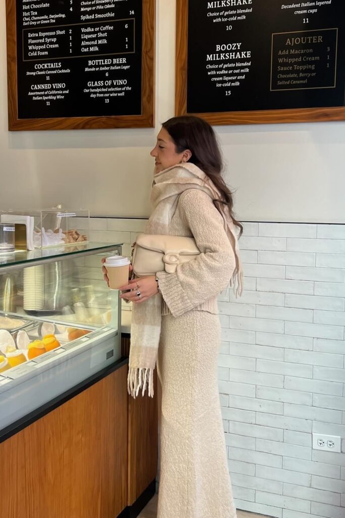 Beige Textured Knit Set (Sweater + Maxi Skirt) + Beige Scarf + Cream Shoulder Bag