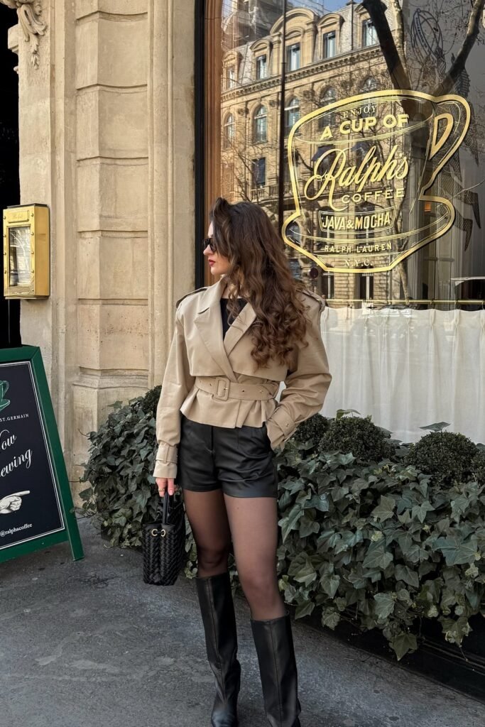 Beige Trench Coat + Black Leather Shorts + Black Heeled Boots