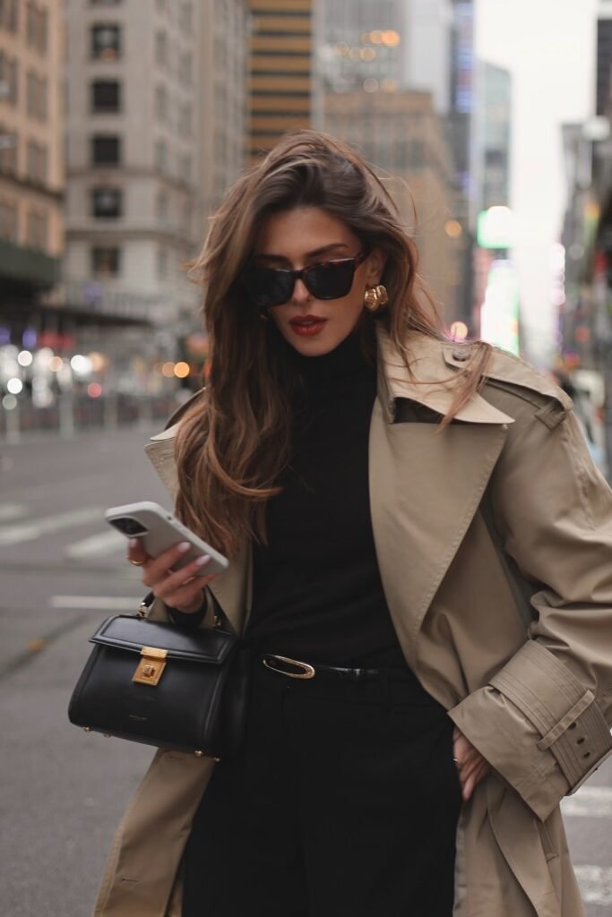 Beige Trench Coat + Black Turtleneck + Black Trousers + Black Handbag + Sunglasses