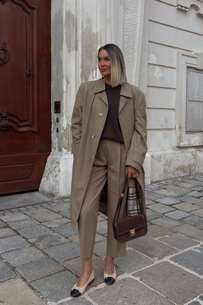Beige Trench Coat + Brown Knit Sweater + Cropped Beige Trousers + Brown Structured Bag + Two-Tone Ballet Flats