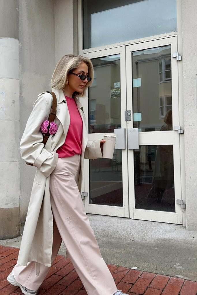 Beige Trench Coat + Pink Top + Light Pink Trousers + White Sneakers + Brown Shoulder Bag with Floral Detail