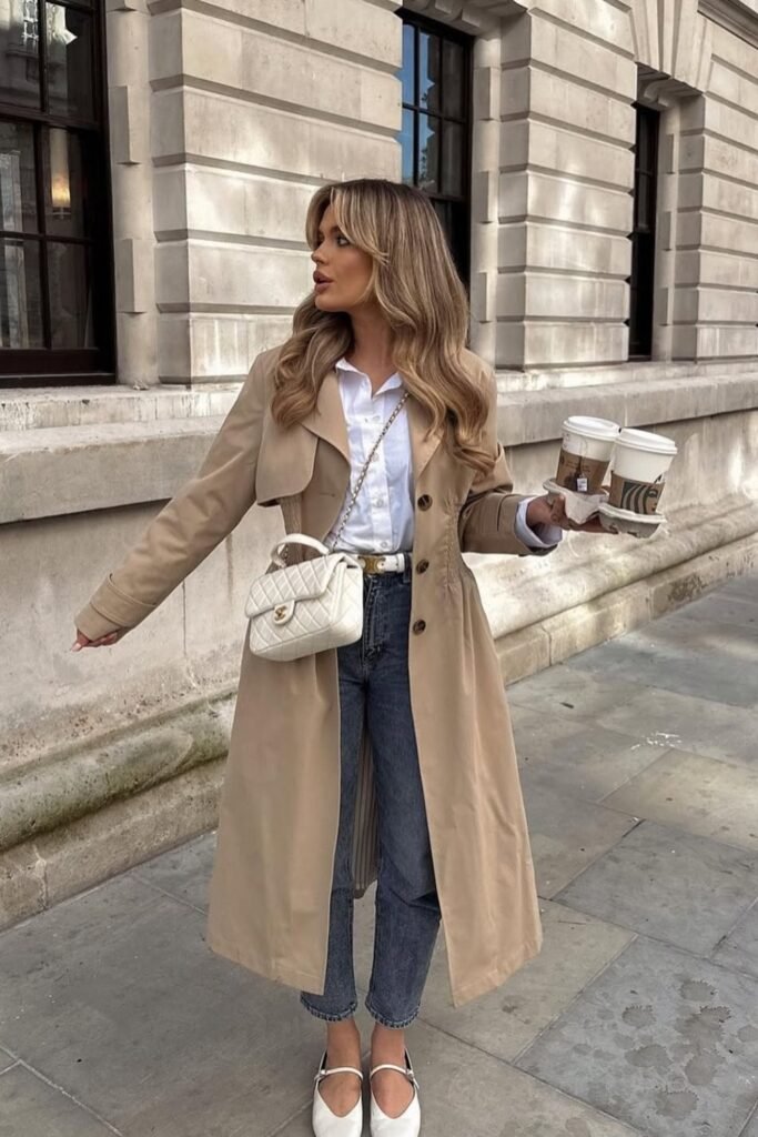 Beige Trench Coat + White Button-Up Shirt + Blue Straight Jeans + White Flats + White Quilted Chanel Bag
