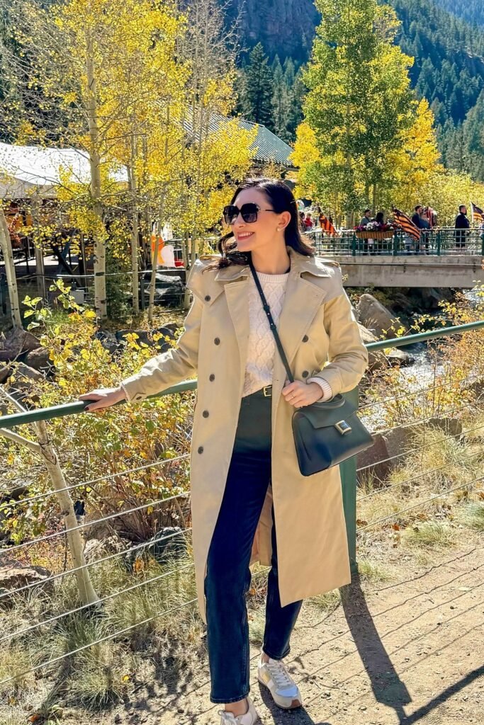 Beige Trench Coat + White Cable Knit Sweater + Black Straight Jeans + White Sneakers + Black Crossbody Bag