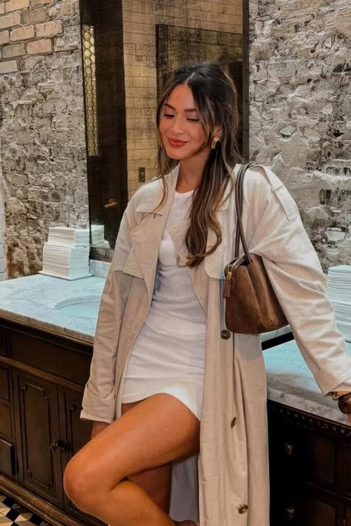 Beige Trench Coat + White Mini Dress + Brown Shoulder Bag