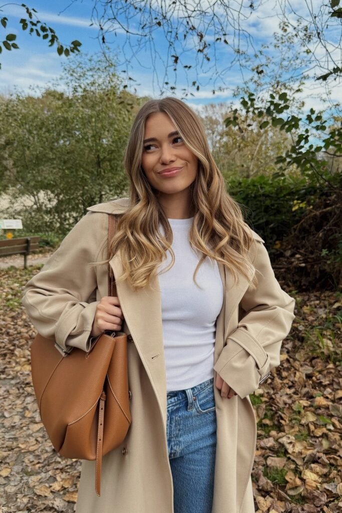 Beige Trench Coat + White Ribbed Tank Top + Light Wash Straight-Leg Jeans + Camel Shoulder Bag