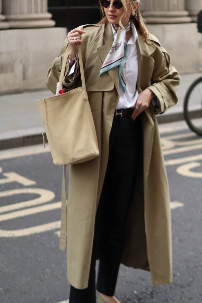 Beige Trench Coat + White Shirt + Black Pants