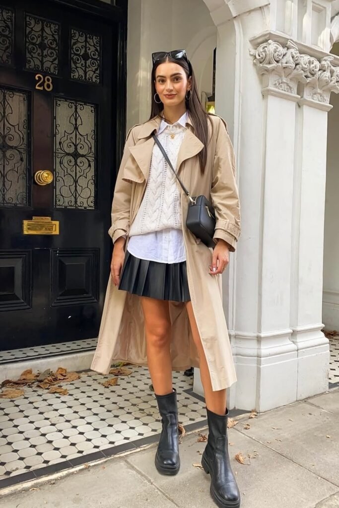 Beige Trench Coat + White Shirt + White Knit Sweater + Black Pleated Mini Skirt + Black Ankle Boots + Black Crossbody Bag