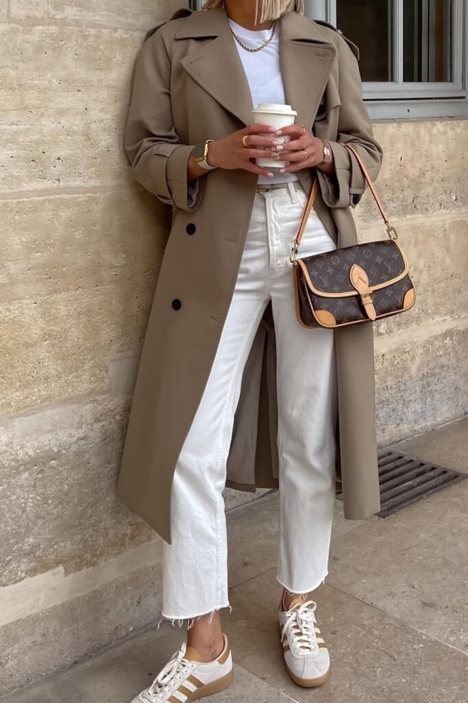 Beige Trench Coat + White T-Shirt + White Cropped Jeans + White Sneakers + Louis Vuitton Shoulder Bag