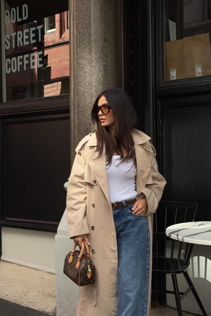 Beige Trench Coat + White Tank Top + Blue Wide-Leg Jeans + Brown Belt + Brown Mini Structured Handbag + Sunglasses