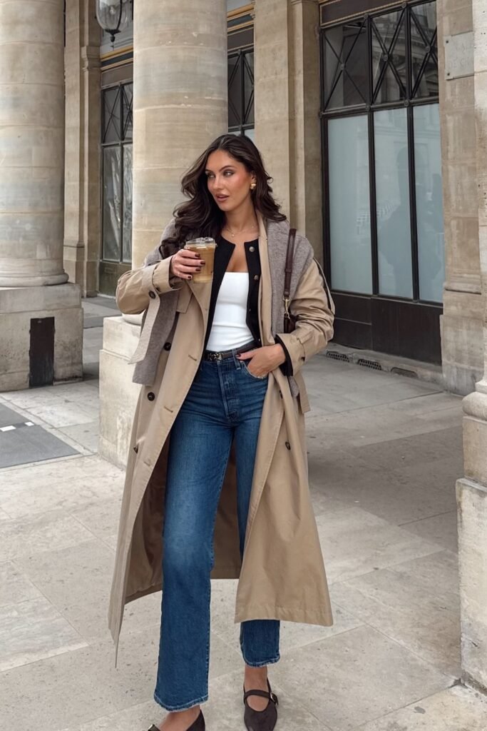 Beige Trench Coat + White Tube Top + Black Trimmed Beige Cardigan + Blue Straight-Leg Jeans + Brown Ballet Flats