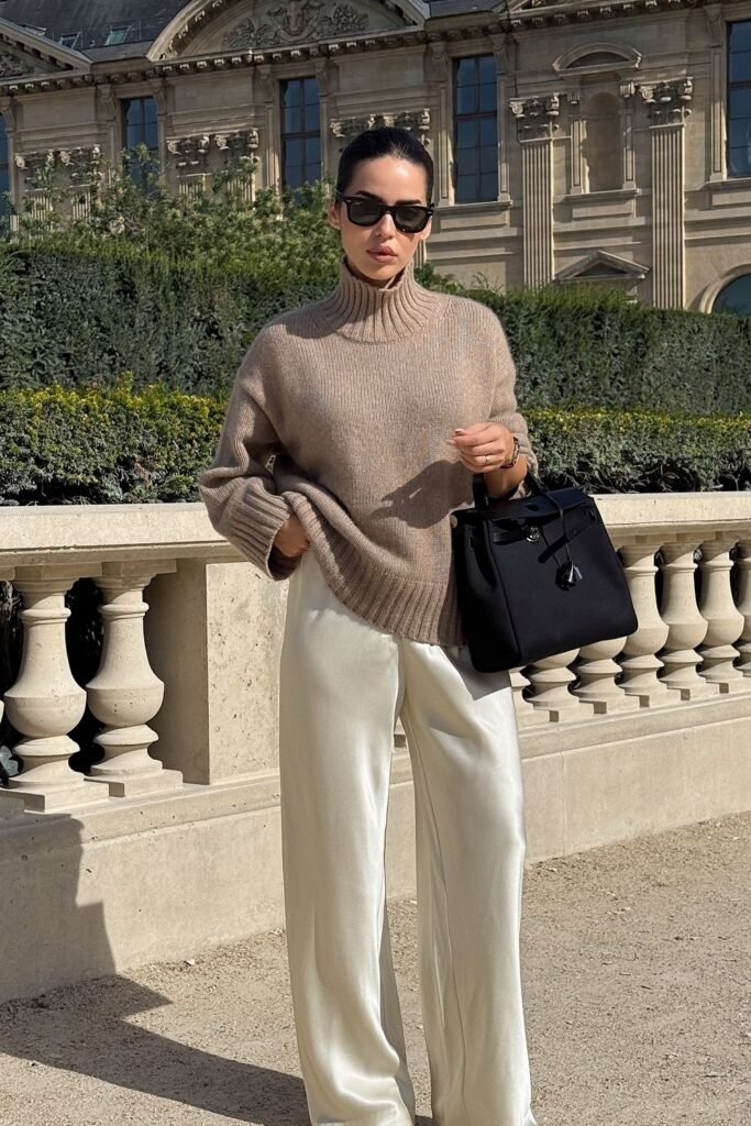 Beige Turtleneck Sweater + White Wide-Leg Trousers + Black Structured Bag