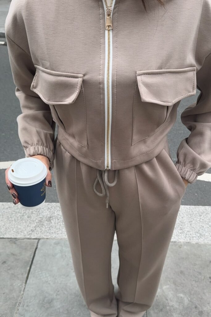 Beige Zip-Up Jacket + Beige Joggers + Coffee Cup