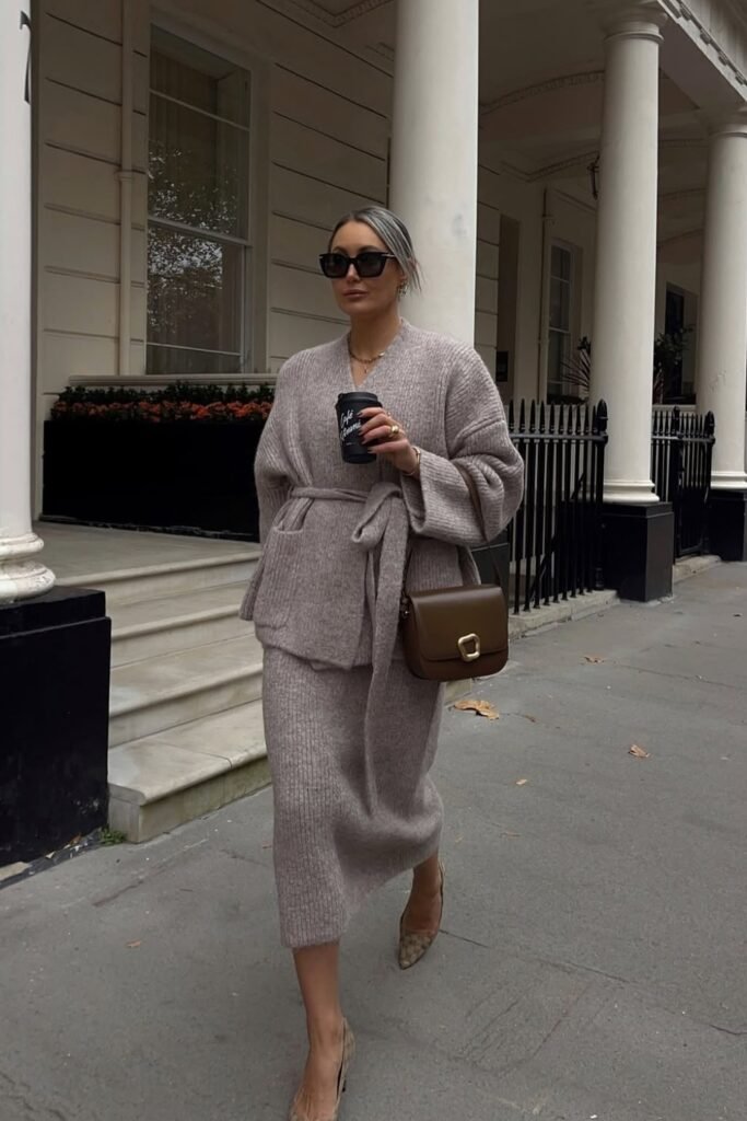 Belted Knit Cardigan + Matching Knit Skirt + Brown Leather Shoulder Bag + Neutral Pumps