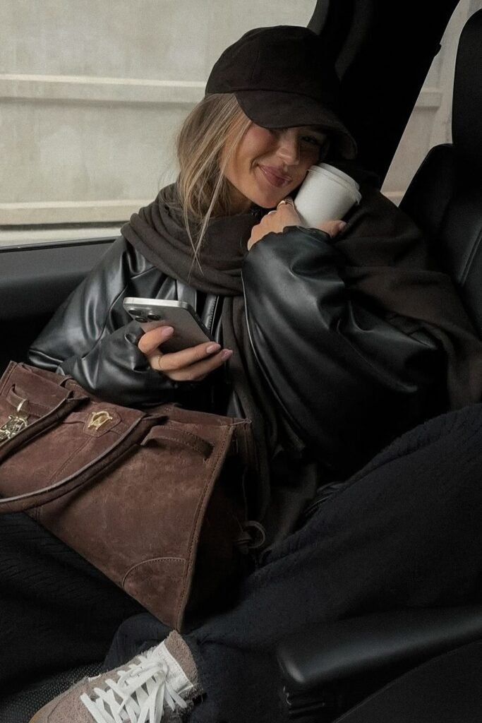 Black Baseball Cap + Oversized Black Leather Jacket + Brown Scarf + Black Pants + Brown Tote Bag + Taupe Sneakers